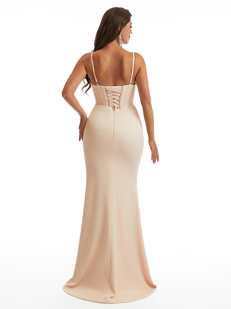 Sexy Spaghetti Straps Mermaid Stretch Jersey Ruched Long Formal Evening Dresses For Women