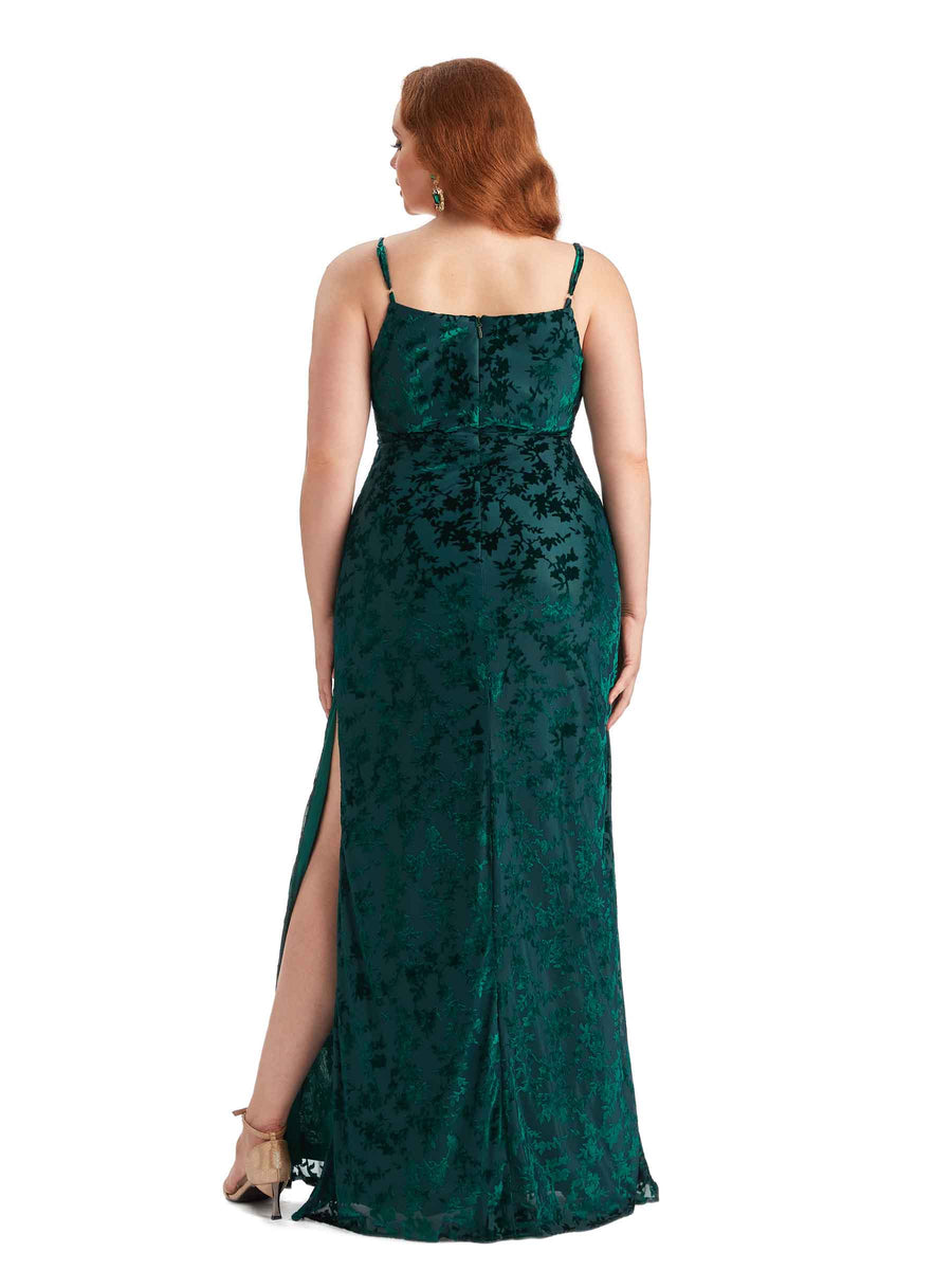 Plus Size Sexy Side Slit Spaghetti Straps Mermaid Floral Velvet Long Bridesmaid Dresses