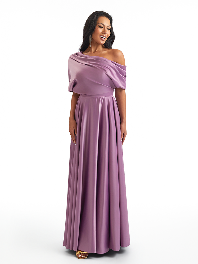 Elegant Asymmetric Straps Soft Satin A-Line Unique Long Mother Of The Bride Dresses Online