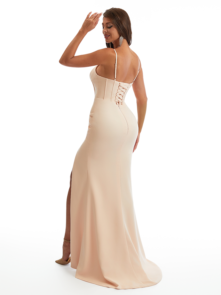 Sexy Spaghetti Straps Mermaid Stretch Jersey Ruched Long Formal Evening Dresses For Women