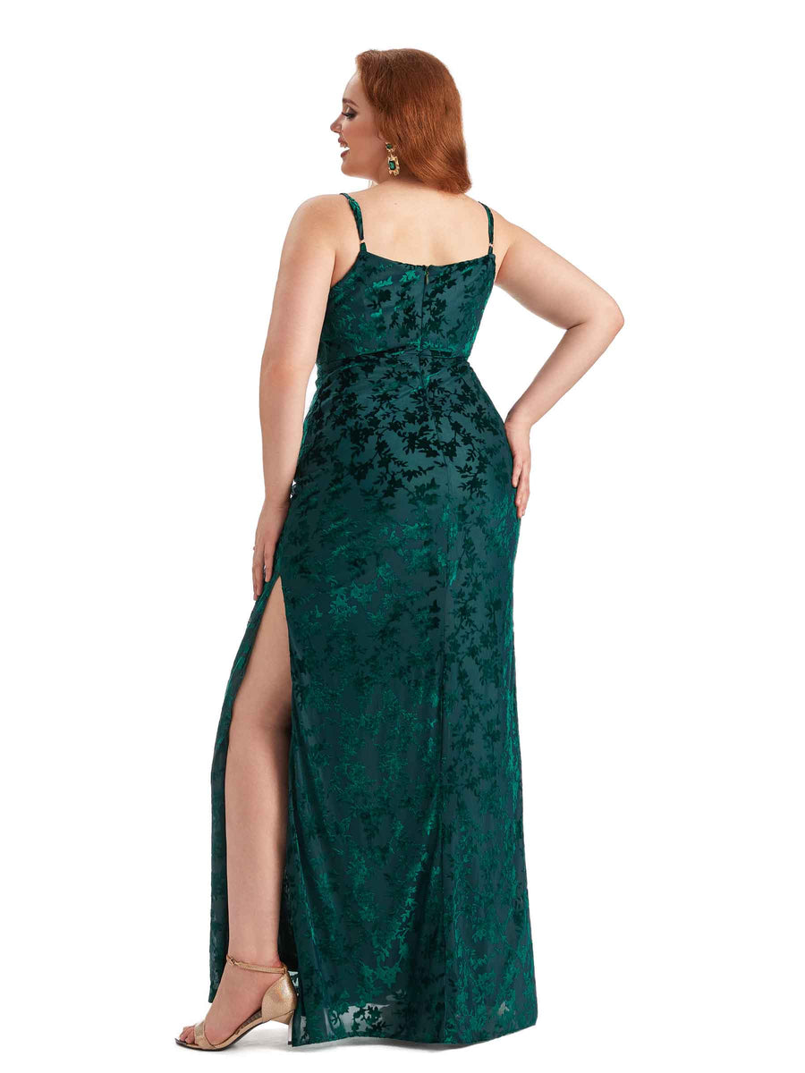 Plus Size Sexy Side Slit Spaghetti Straps Mermaid Floral Velvet Long Bridesmaid Dresses