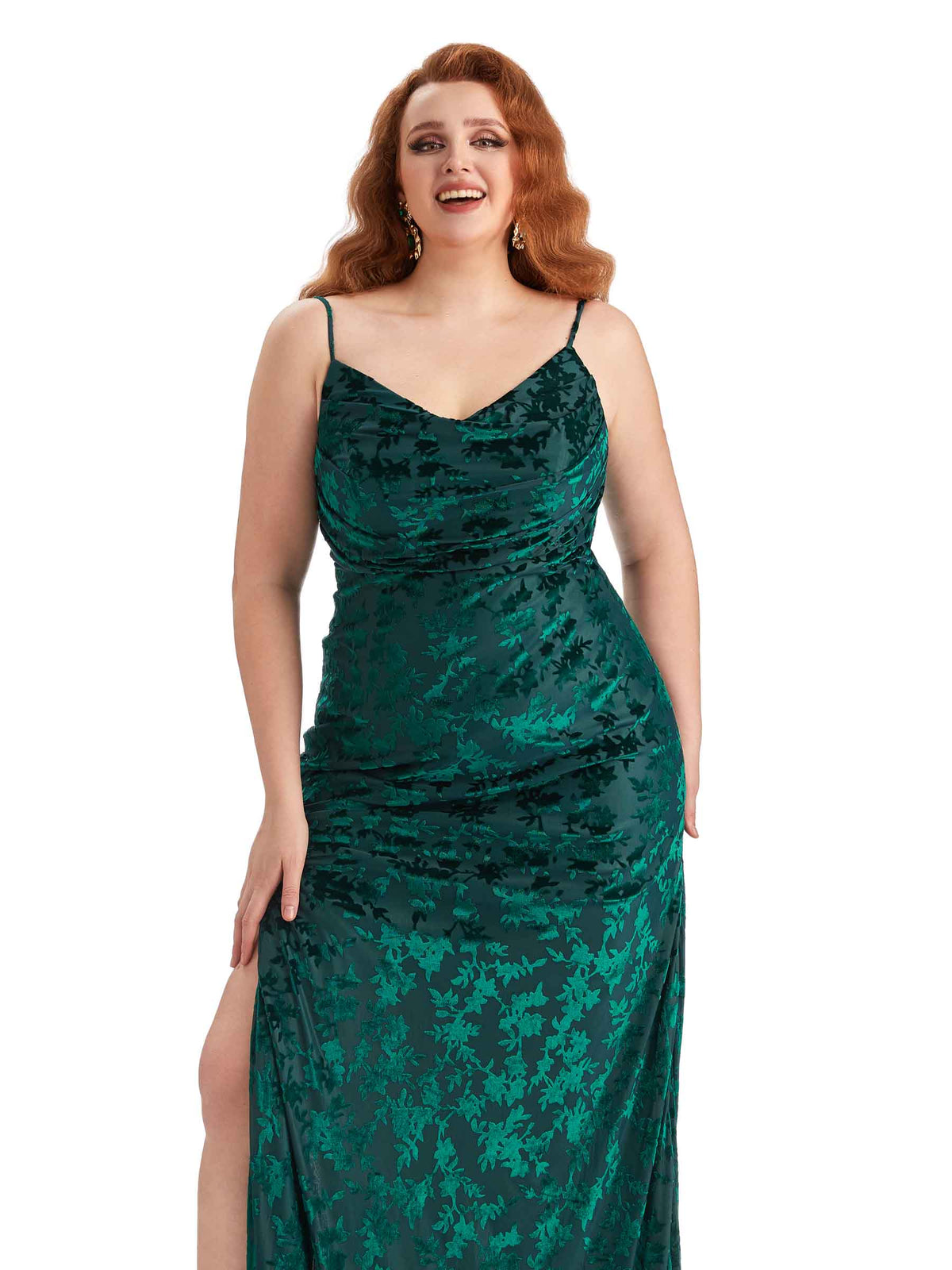 Plus Size Sexy Side Slit Spaghetti Straps Mermaid Floral Velvet Long Bridesmaid Dresses