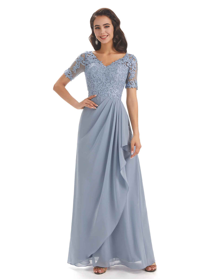 Elegant Lace Short Sleeves Chiffon V-neck Floor-length Mother of The Bride Dresses