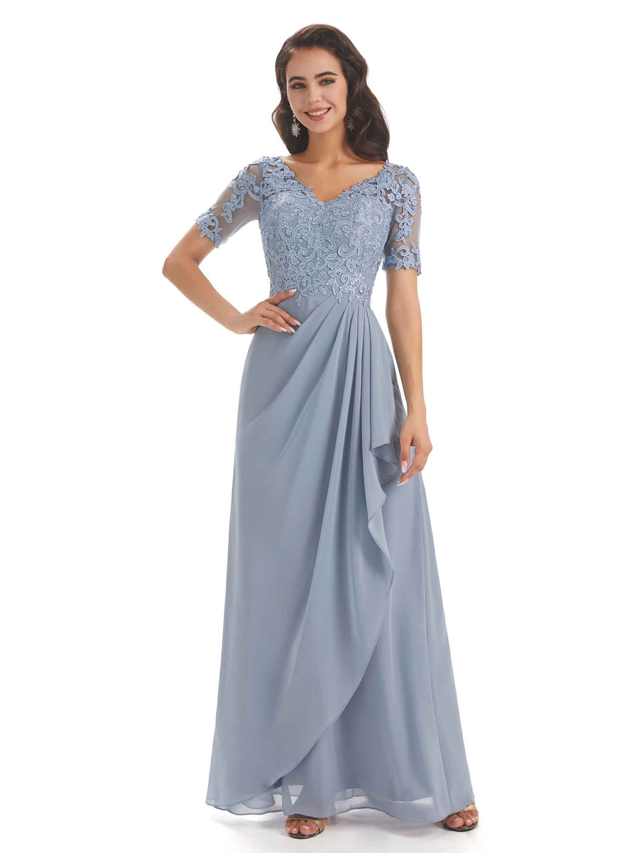 Elegant Lace Short Sleeves Chiffon V-neck Floor-length Mother of The Bride Dresses