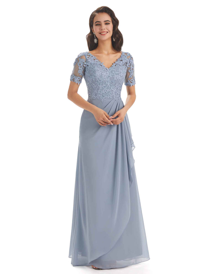 Elegant Lace Short Sleeves Chiffon V-neck Floor-length Mother of The Bride Dresses
