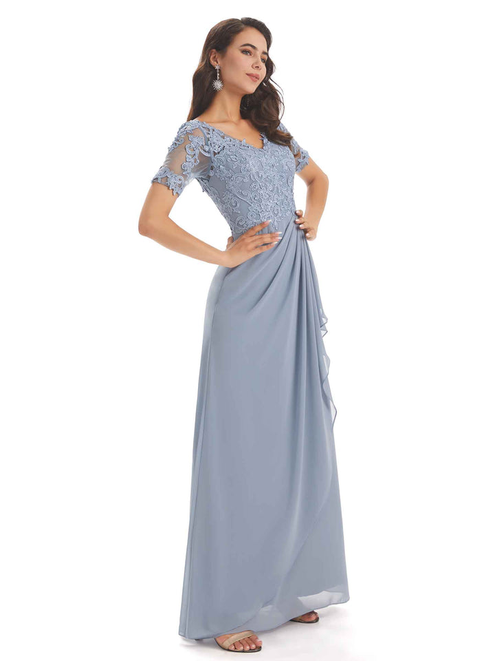 Elegant Lace Short Sleeves Chiffon V-neck Floor-length Mother of The Bride Dresses