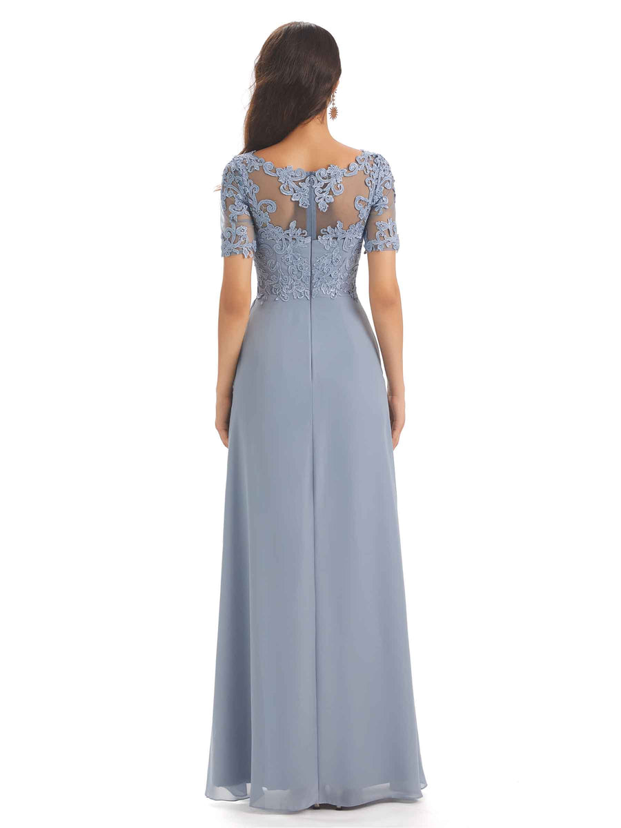 Elegant Lace Short Sleeves Chiffon V-neck Floor-length Mother of The Bride Dresses