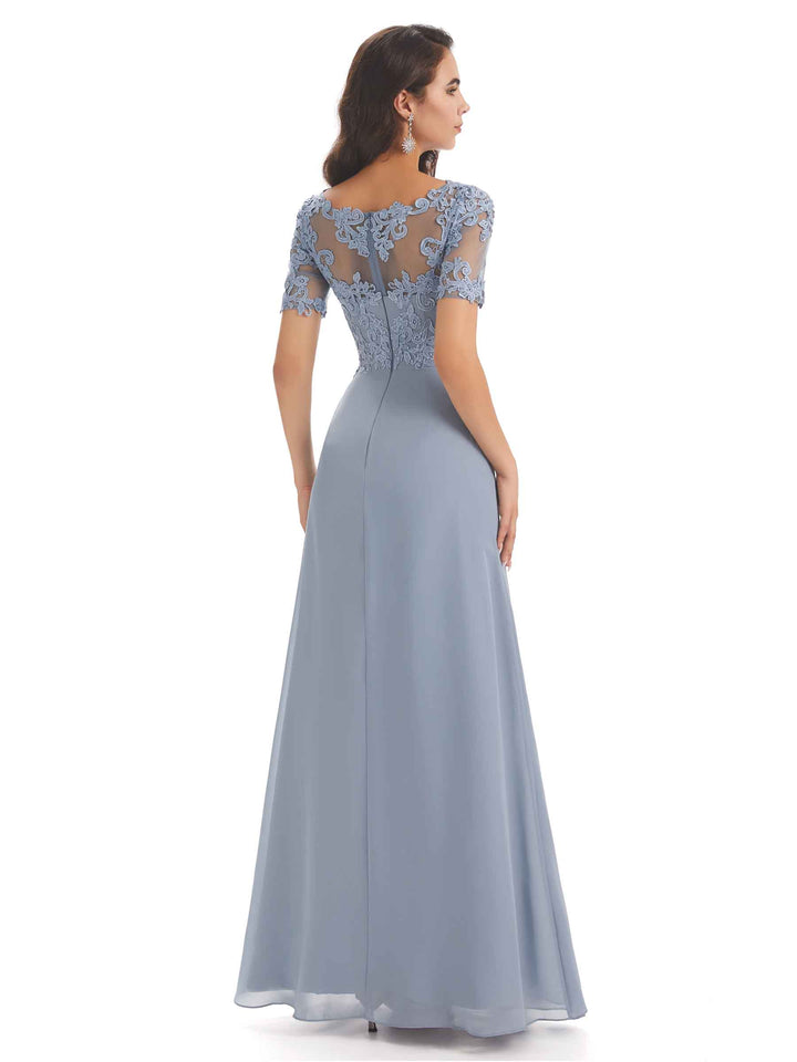 Elegant Lace Short Sleeves Chiffon V-neck Floor-length Mother of The Bride Dresses