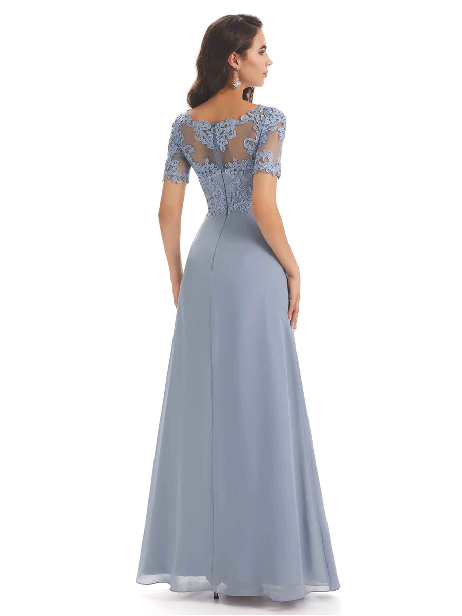 Elegant Lace Short Sleeves Chiffon V-neck Floor-length Mother of The Bride Dresses