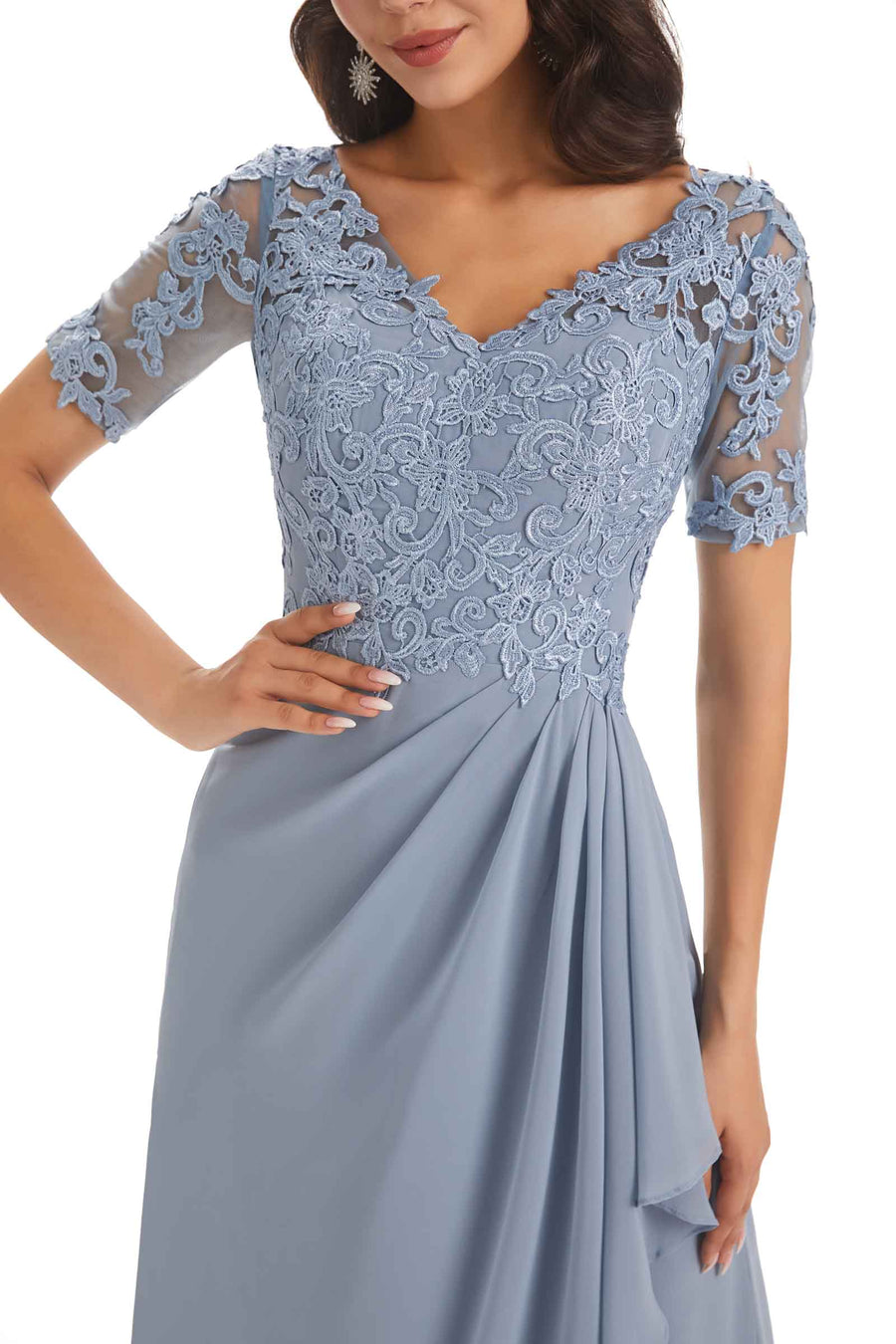 Elegant Lace Short Sleeves Chiffon V-neck Floor-length Mother of The Bride Dresses