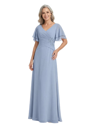 ChicSew V-Neck Flutter Sleeve Ruched Bodice Beaded Detail Floor Length Chiffon Modern Mother of the Bride Dresses
