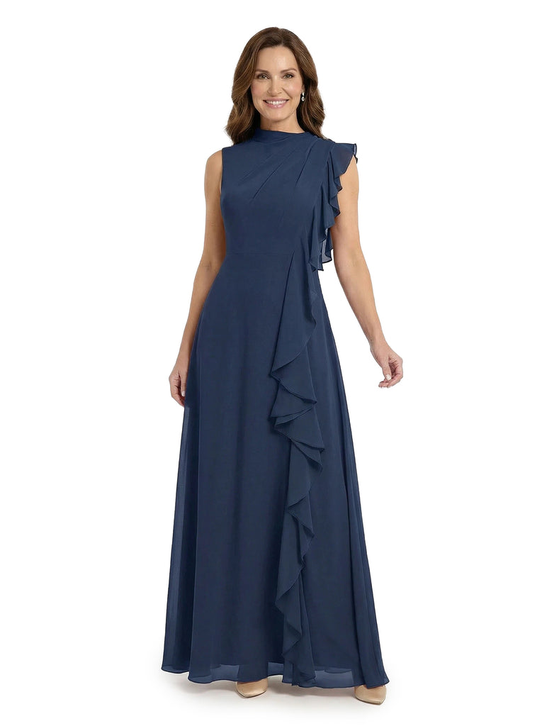 ChicSew Modern High Neck Sleeveless Chiffon Ruffle Long Mother Of The Bride Dresses
