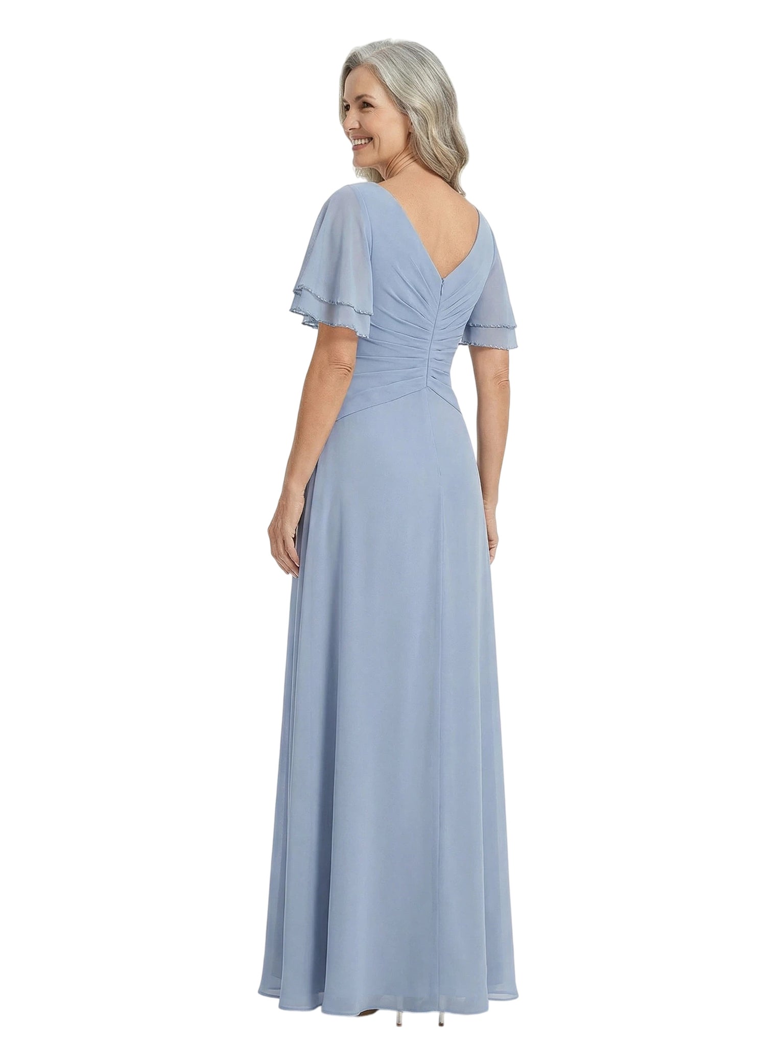 ChicSew V-Neck Flutter Sleeve Ruched Bodice Beaded Detail Floor Length Chiffon Modern Mother of the Bride Dresses