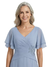 ChicSew Flutter Sleeve Ruched Bodice Lace Beaded Long Chiffon Modern Mother of the Bride Dresses
