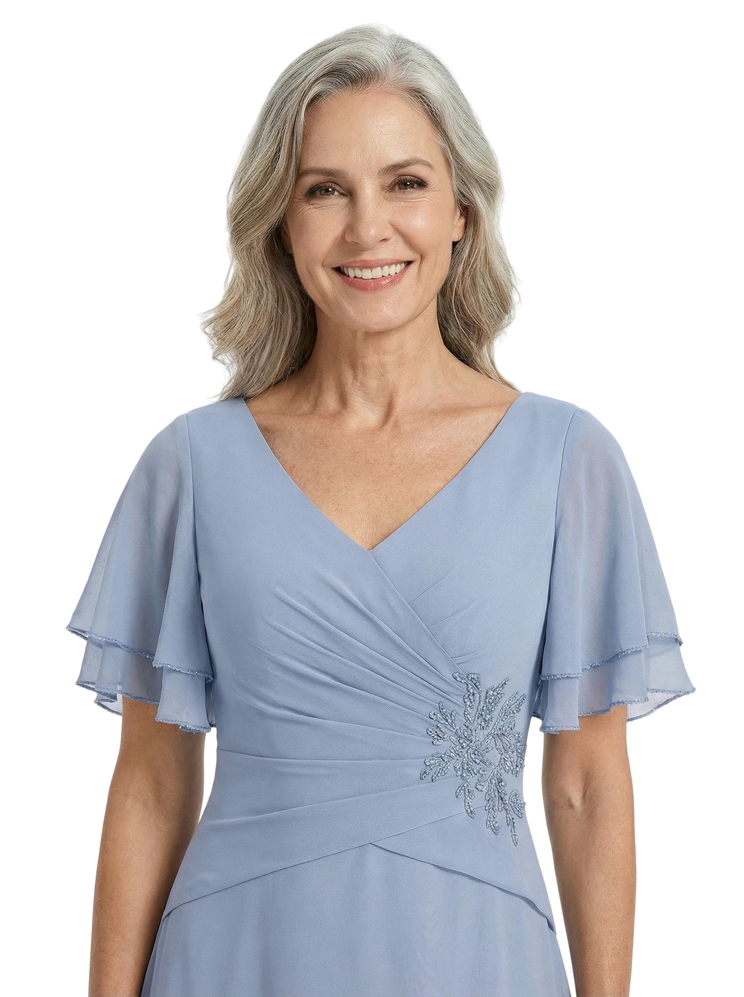 ChicSew V-Neck Flutter Sleeve Ruched Bodice Beaded Detail Floor Length Chiffon Modern Mother of the Bride Dresses