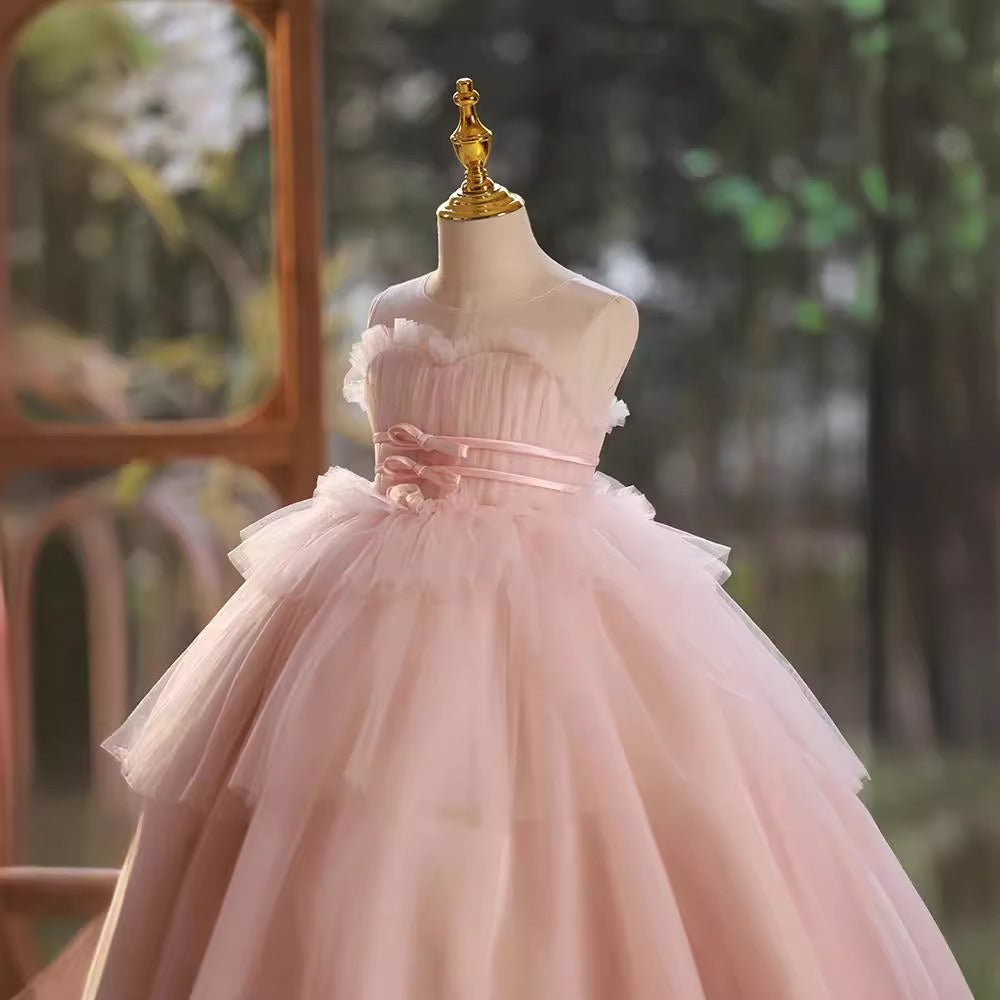 Flower Girls Pink Elegant A-line Princess Gown for Wedding Kids Tutu Dress