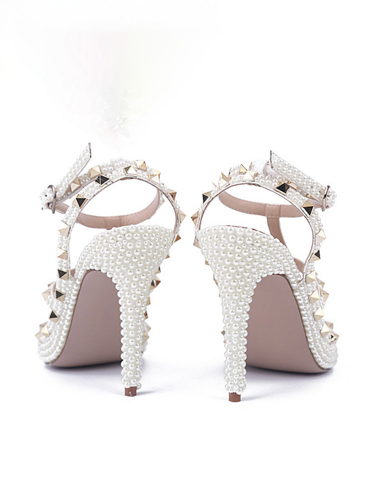 Pearl Slingback Heels for Women, Pointed Closed Toe Slip On Heeled Sandals Stiletto Heel Evening Bridal Shoes for Wedding