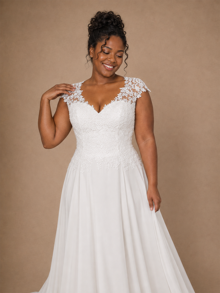 ChicSew Classy V-Neck Lace Applique Chiffon Cap Sleeves A-Line Pleated Floor-Length Wedding Dress