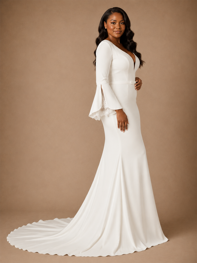 ChicSew Sexy V-Neck Mermaid Crepe Long Flutter Sleeves Maxi Wedding Dress
