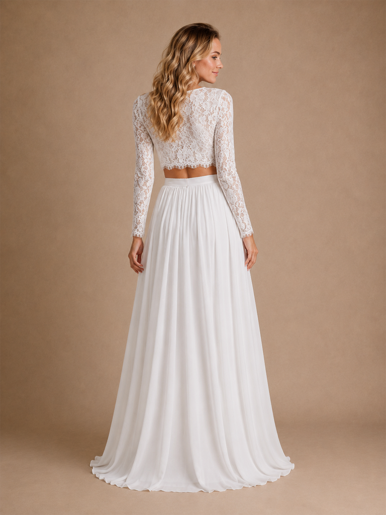 ChicSew Elegant Bateau Long Sleeves Two Piece Lace Chiffon A-Line Maxi Wedding Dress