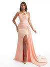 Sexy One Shoulder Side Slit Mermaid Soft Satin Long Bridesmaid Dresses Online