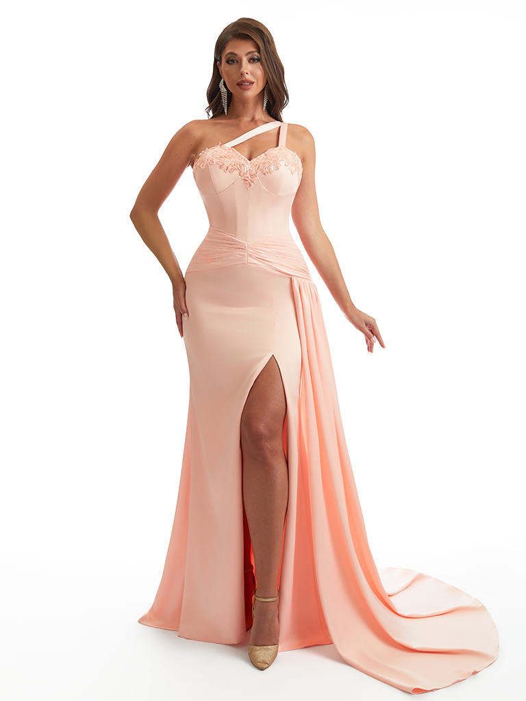 Sexy One Shoulder Side Slit Mermaid Soft Satin Long Bridesmaid Dresses Online