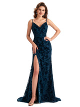 Sexy Side Slit Spaghetti Straps V-Neck Mermaid Floral Velvet Long Bridesmaid Dresses