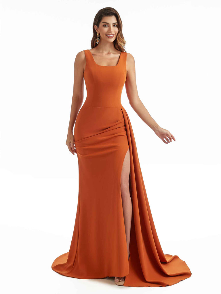 Sexy Side Split Mermaid Square Neckline Stretch Crepe Long Formal Bridesmaid Dresses