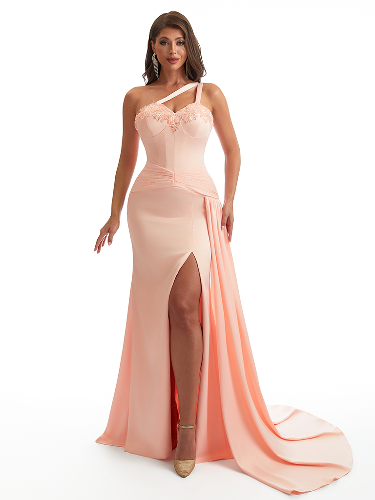 Sexy One Shoulder Side Slit Mermaid Soft Satin Long Bridesmaid Dresses Online