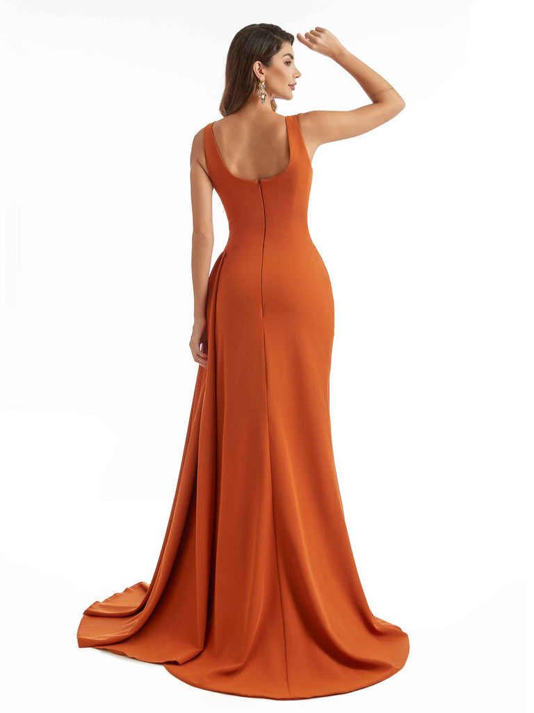 Sexy Side Split Mermaid Square Neckline Stretch Crepe Long Formal Bridesmaid Dresses