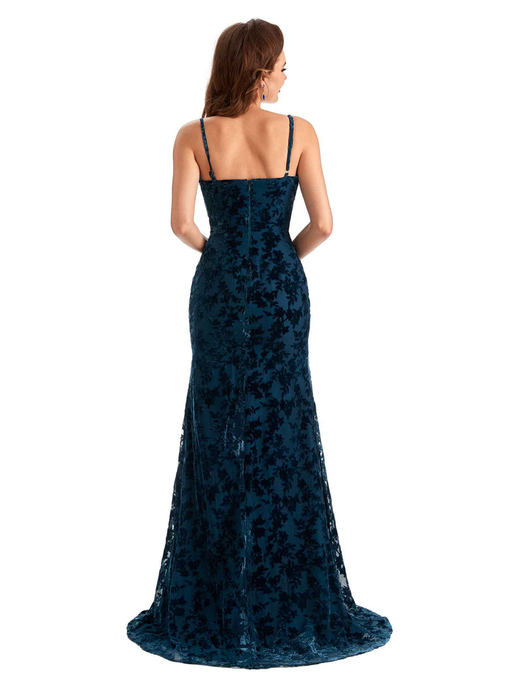 Sexy Side Slit Spaghetti Straps V-Neck Mermaid Floral Velvet Long Bridesmaid Dresses