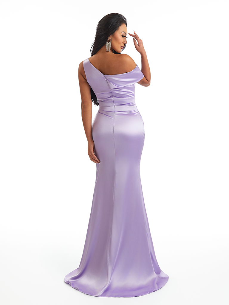 Women's Sexy One Shoulder Mermaid Silky Satin Wedding Party Maxi Dress Slit