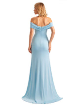 Elegant Mermaid Off the Shoulder Side Slit Stretchy Jersey Long Formal Bridesmaid Dresses