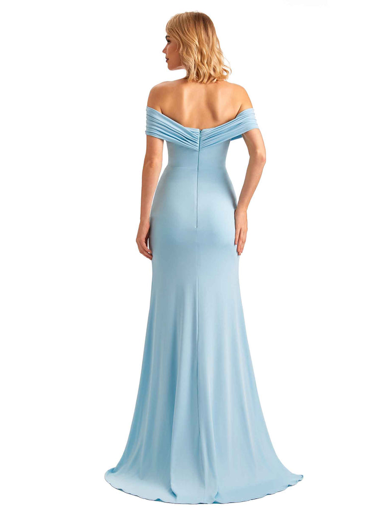 Elegant Mermaid Off the Shoulder Side Slit Stretchy Jersey Long Formal Bridesmaid Dresses