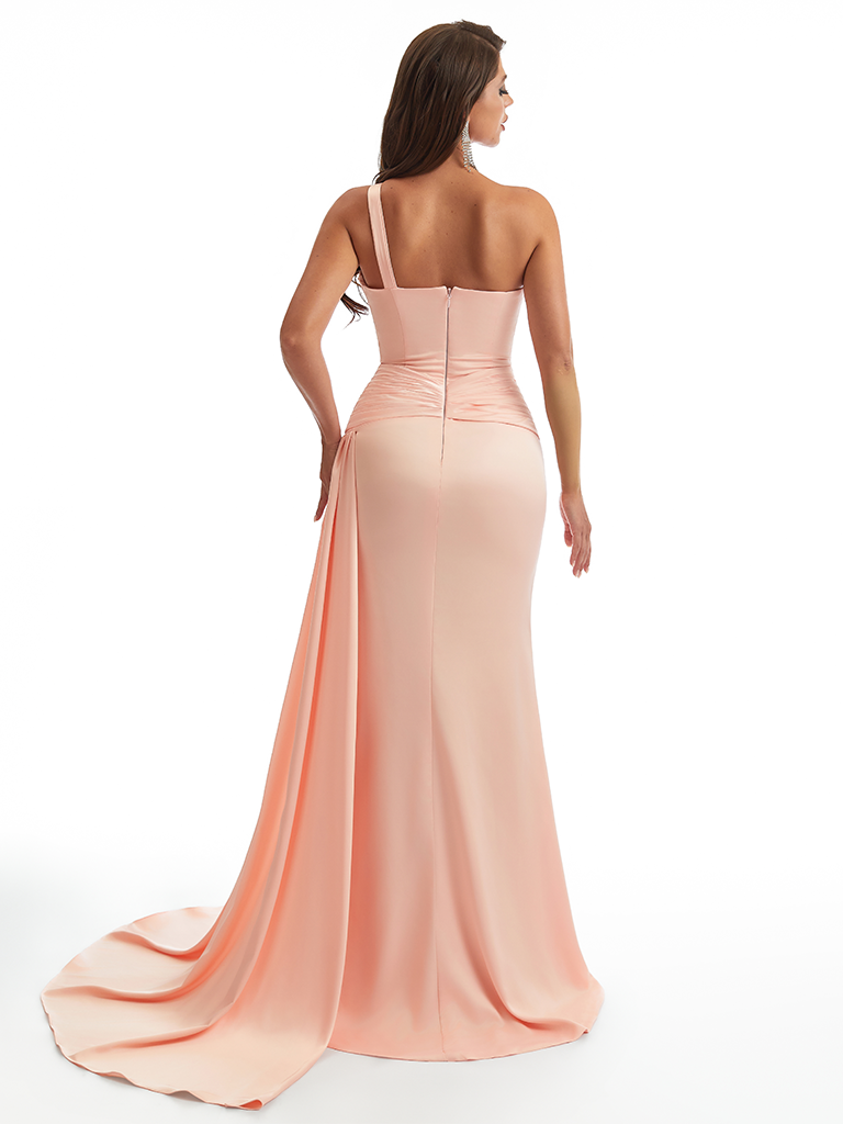 Sexy One Shoulder Side Slit Mermaid Soft Satin Long Bridesmaid Dresses Online