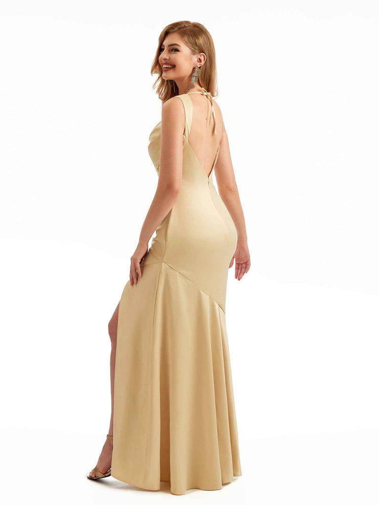 Side Slit Straps Spring Satin Bridesmaid Dresses