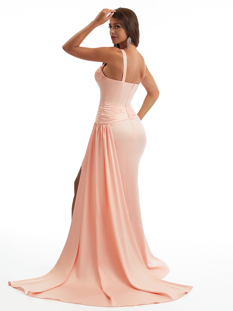 Sexy One Shoulder Side Slit Mermaid Soft Satin Long Bridesmaid Dresses Online