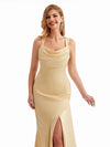 Mermaid Halter Ribbon Cowl Neck Side Split Neutral Bridesmaid Dress