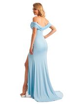 Elegant Mermaid Off the Shoulder Side Slit Stretchy Jersey Long Formal Bridesmaid Dresses