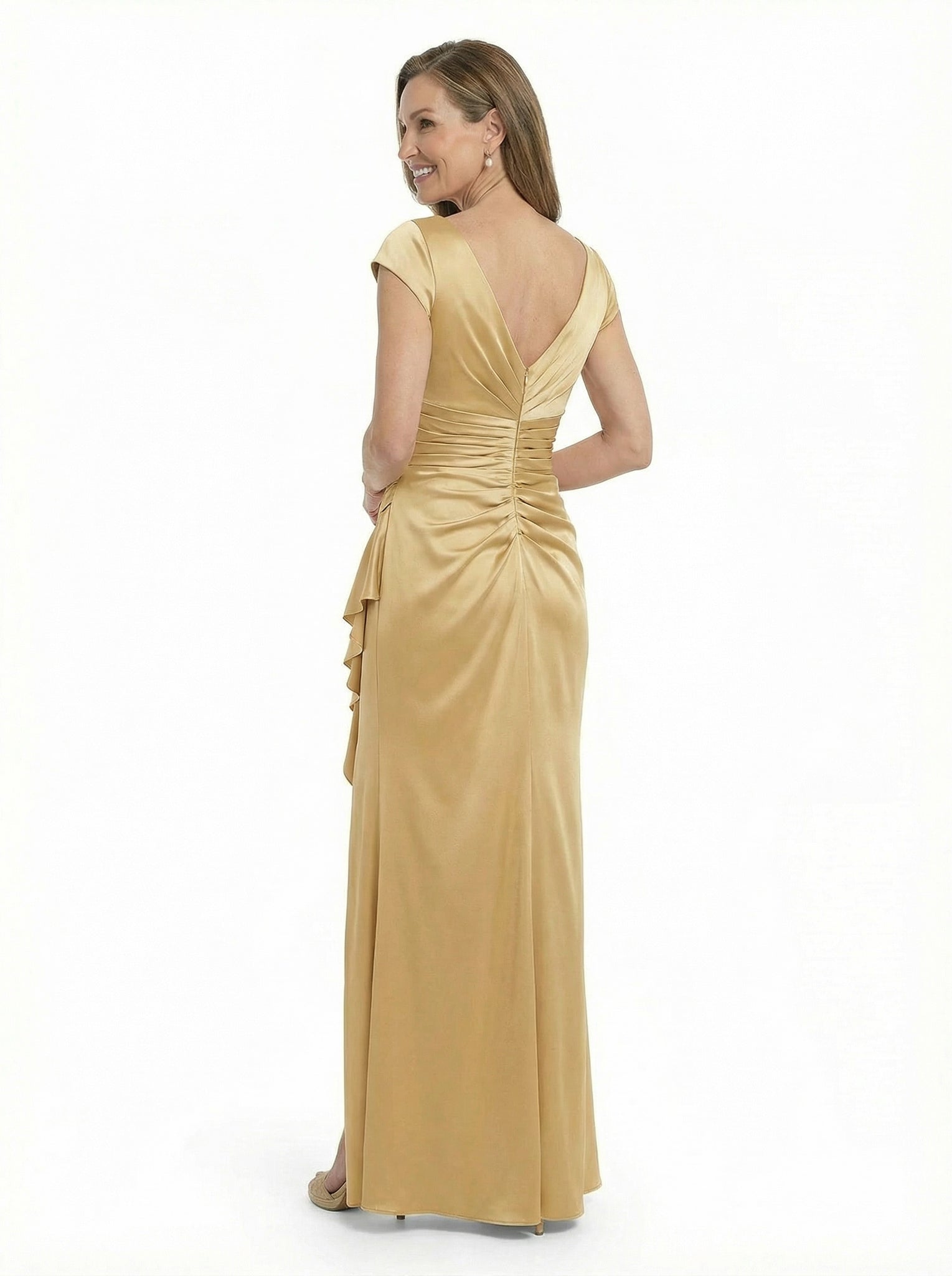 ChicSew Unique V-Neck Ruffle Cap Sleeve Silky Satin Mermaid Ruched Mother Of The Groom Dresses With Slit