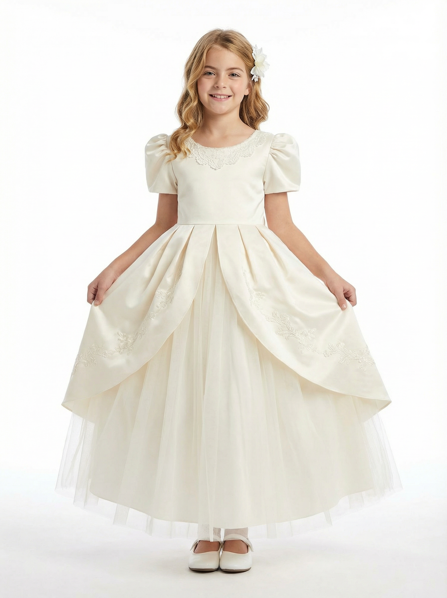 Vintage Style Flower Girl Dress with Puff Sleeves Structured Bodice and Layered Tulle Skirt