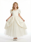Vintage Style Flower Girl Dress with Puff Sleeves Structured Bodice and Layered Tulle Skirt