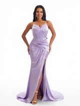 Sexy Spaghetti Straps V-Neck Side Split Mermaid Soft Satin Long Bridesmaid Dresses