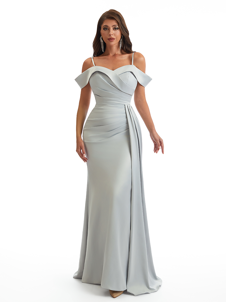 Sexy Cold Shoulder Side Slit Mermaid Soft Satin Long Bridesmaid Dresses Online