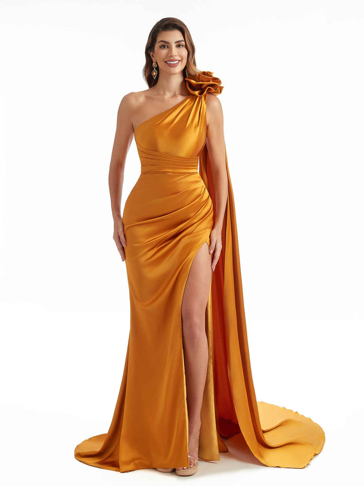 Sexy Side Split One Shoulder Mermaid Long Wedding Guest Dresses In Satin
