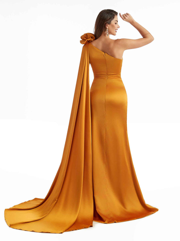 Sexy Side Split One Shoulder Mermaid Long Wedding Guest Dresses In Satin