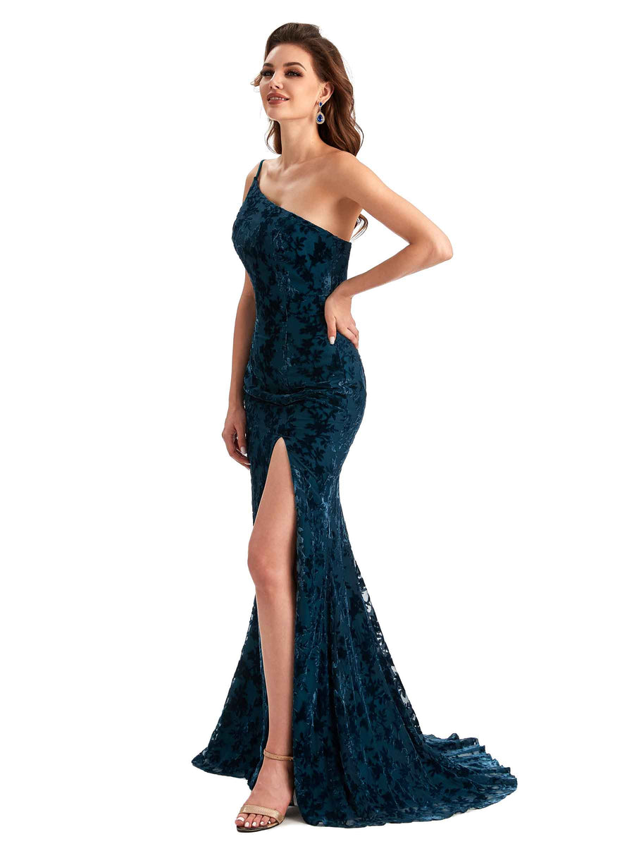 Sexy Side Slit One Shoulder Mermaid Floral Velvet Long Bridesmaid Dresses Online