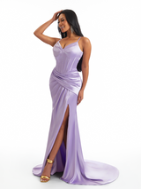 Sexy Spaghetti Straps V-Neck Side Split Mermaid Soft Satin Long Bridesmaid Dresses