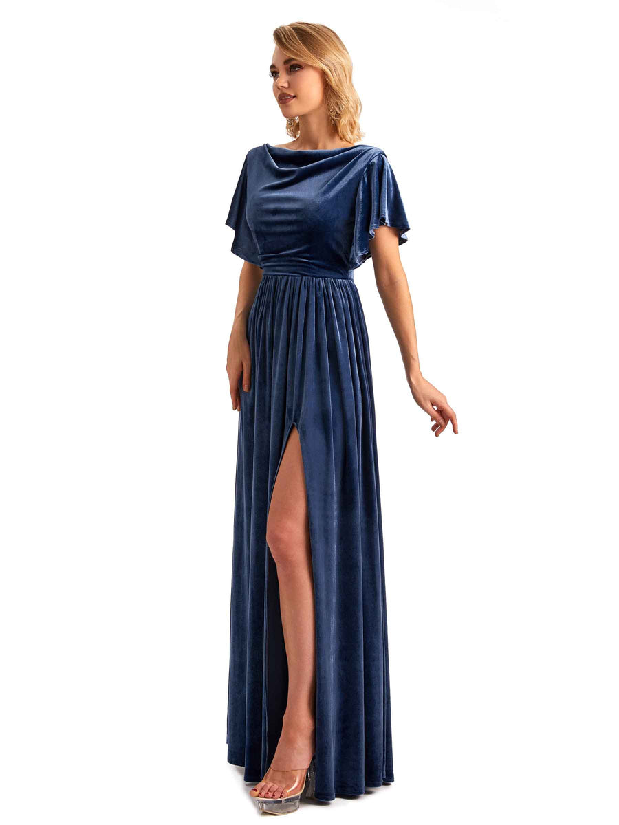 Elegant A-line Jewel Bat Sleeves Velvet Side Slit Long Bridesmaid Dresses