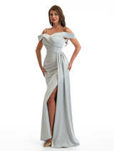 Sexy Cold Shoulder Side Slit Mermaid Soft Satin Long Bridesmaid Dresses Online